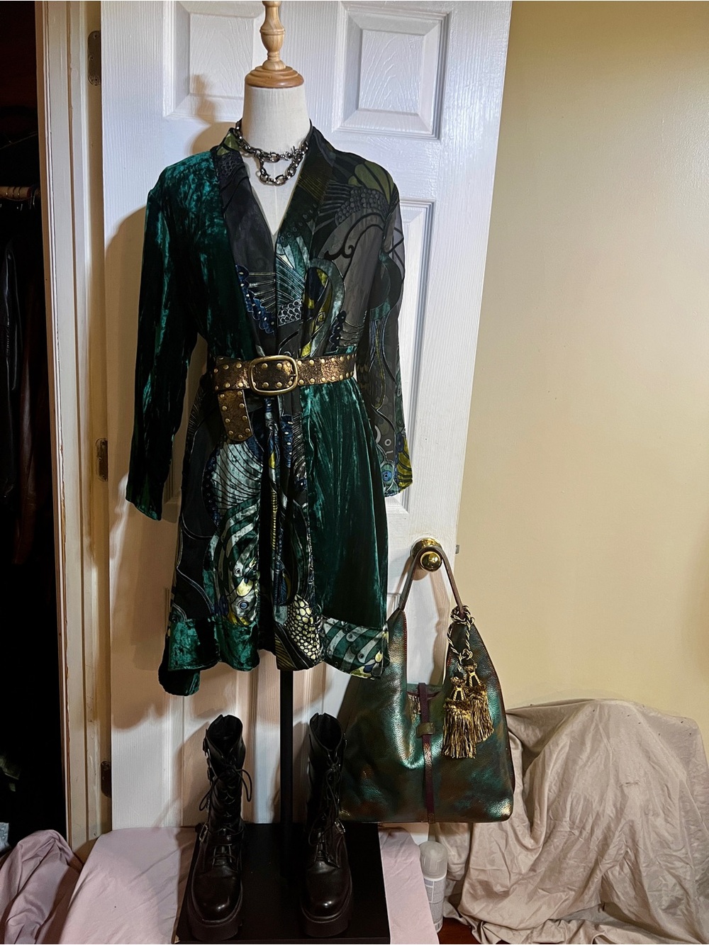 Chicos Travelers Emerald Velvet Burnout Sheer Peacock Motif Boho Gothic Topper 1